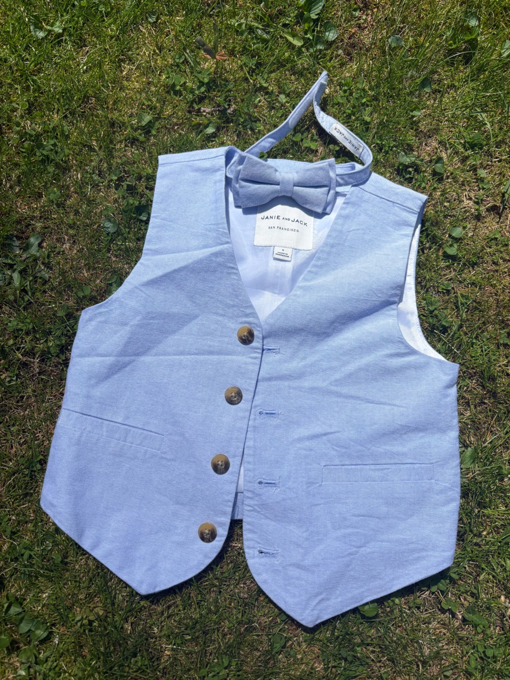 Janie and Jack Pale Blue Linen Vest with Bow Tie